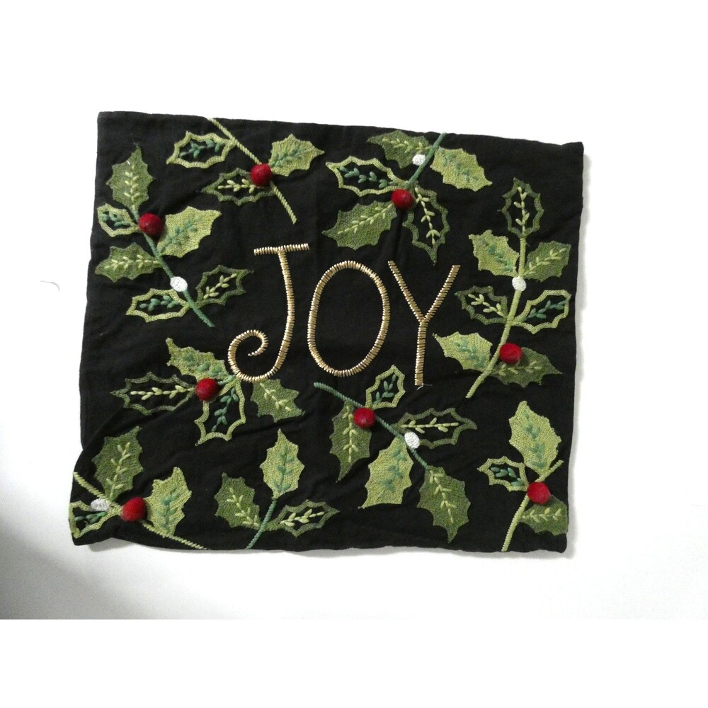 Pier 1 Imports "Joy" Holiday Christmas Embroidered Pillowcase Holly 17"x15"